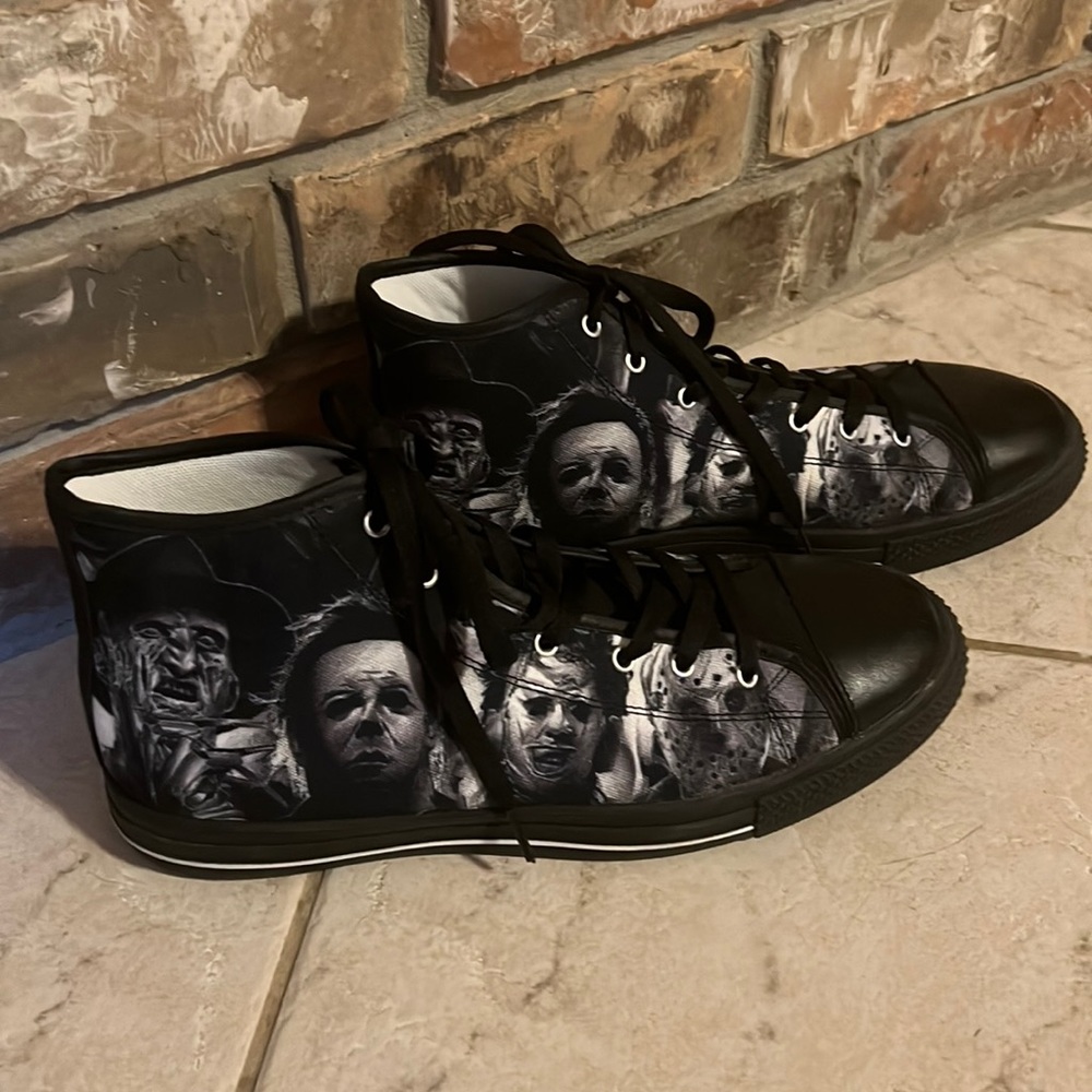 Horror movie character high top canvas sneakers with Freddy Kruger, Jason, etc